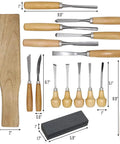 Heavy Duty 16 Piece Wood Carving Tool Set With Premium Handles sharp chisels and gouges, wooden mallet, and whetstone displayed.