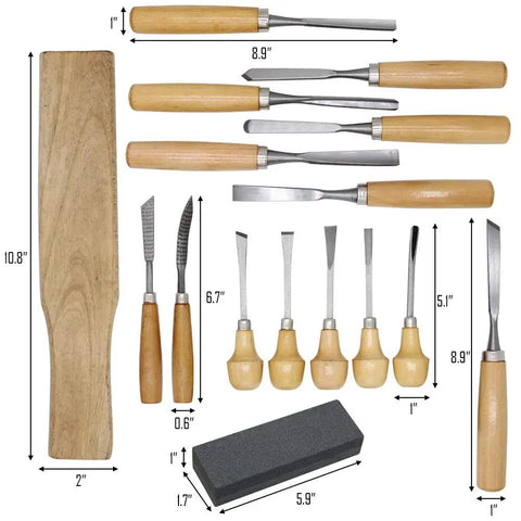 Heavy Duty 16 Piece Wood Carving Tool Set With Premium Handles sharp chisels and gouges, wooden mallet, and whetstone displayed.