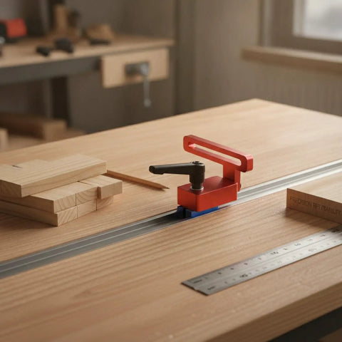 One Pack Aluminum T Track Stopper For Router Table And Table Saw displayed on a wooden workbench, sized 3.9 x 2.0 x 2.6 inches