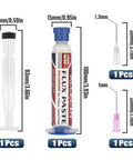 No Clean Soldering Flux 558 10cc 10mL Rosin Paste with needle tool and size specifications for PCB repairs.