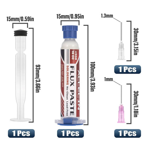 No Clean Soldering Flux 558 10cc 10mL Rosin Paste with needle tool and size specifications for PCB repairs.