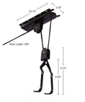 Bicycle Hoist Garage Storage Kit 2-Pack With 100 Lb Capacity, ceiling mounted with rubber coated hooks and measurements shown