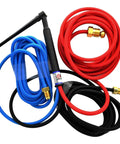 Red Metal TIG Welding Torch 250 Amp, 12.5 Foot, 3-Pc Handheld Water-Cooled Arc Torch with blue, red, and black cables