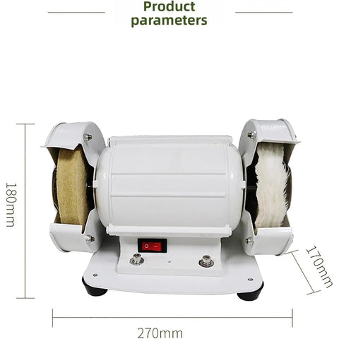Heavy Duty Dual Wheel Bench Polisher With 120 Watt Copper Motor Cranking Out 3000 Rpm showing white body and wool buffing pads.