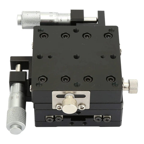 XY Linear Stage Micrometer Slide Table Pro Grade Precision for Fine Positioning, aluminum anodized black sliding table with roller bearing.
