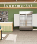 Straight Up Two Door Commercial Reach In Freezer Upright Auto Defrost in a supermarket setting with open doors.