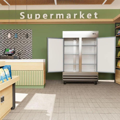 Straight Up Two Door Commercial Reach In Freezer Upright Auto Defrost in a supermarket setting with open doors.