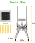 Display of Manual Commercial Vegetable Chopper And Fruit Dicer Pro Grade Heavy Duty Stainless Steel Cutter With Aluminum Frame 1/4 Inch Blade and dimensions.