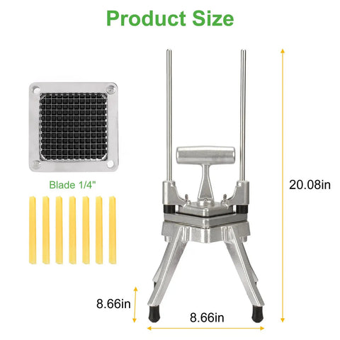 Display of Manual Commercial Vegetable Chopper And Fruit Dicer Pro Grade Heavy Duty Stainless Steel Cutter With Aluminum Frame 1/4 Inch Blade and dimensions.