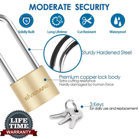 Two Pack Keyed Padlocks With Keys, Extra Long 2-3/8 Inch Shackle, Solid Brass Copper Body, Waterproof Outdoor Lock For Warehouse, Toolbox, Hasp, Gym, Locker, Sheds, Built Tough And Weatherproof. brass padlock with 3 keys and hardened steel shackle