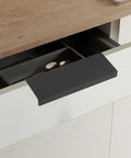 Concealed Cabinet Handles 1 Pair Recessed Aluminum Alloy Finger Pulls Matte Black Edge Pulls mounted on kitchen drawer.
