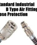 Heavy Duty Air Blow Gun Kit With 16 Ft Coiled Polyurethane Hose High Flow Pneumatic Air Duster Tool For Pickup Trucks Garages And Local Auto Repair Shops Workhorse Grade: close-up of D-type air fittings and hose protection.