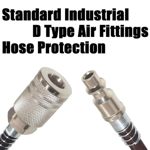 Heavy Duty Air Blow Gun Kit With 16 Ft Coiled Polyurethane Hose High Flow Pneumatic Air Duster Tool For Pickup Trucks Garages And Local Auto Repair Shops Workhorse Grade: close-up of D-type air fittings and hose protection.