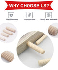 Pro Grade Wooden Dowel Pins Set With Tapered Ends And Beveled Grooves, Nine Size Assortment for crafts, furniture, doors visible in use