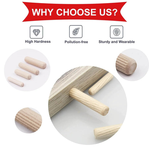 Pro Grade Wooden Dowel Pins Set With Tapered Ends And Beveled Grooves, Nine Size Assortment for crafts, furniture, doors visible in use