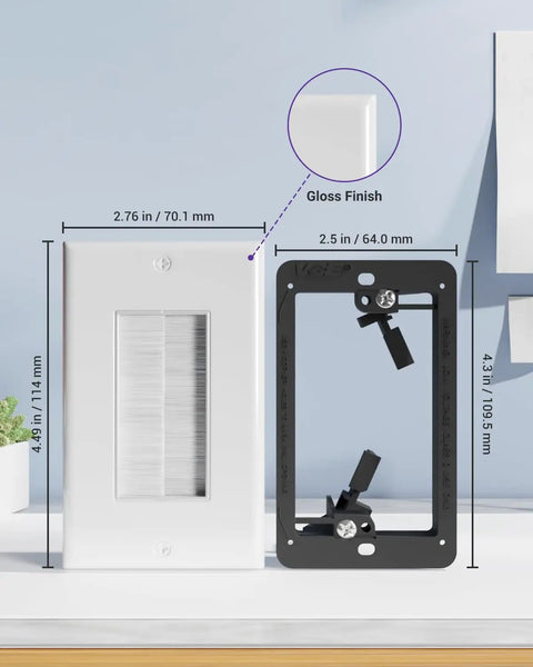 Brush Wall Plate Cable Pass Through With Bracket And Cable Hider In Wall Cable Management For TV Mounts And Low Voltage Cables White 2 Pack Ideal For HDMI Coaxial A V And Speaker Wires Or Network RJ45 Cables; white brush plate and mounting bracket with dimensions