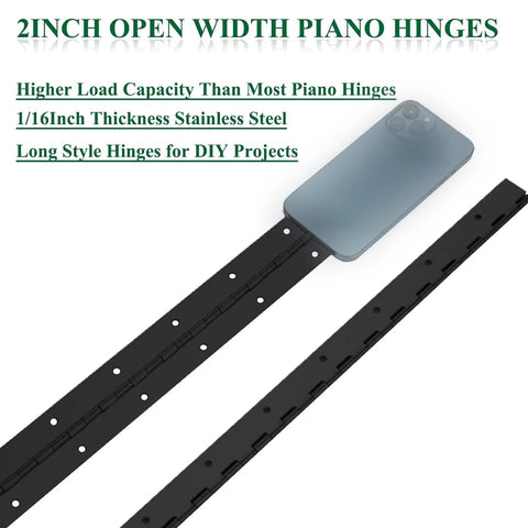 Two-pack heavy-duty piano hinges, 20-inch long, black stainless steel with 0.06" thick leaves and mounting holes for cabinet doors