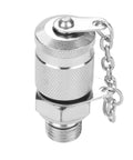 Front view of silver knurled hydraulic pressure test coupling adapter with G1/4 thread and safety chain