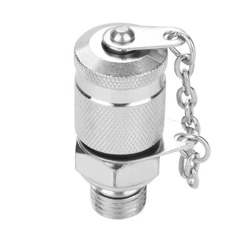 Front view of silver knurled hydraulic pressure test coupling adapter with G1/4 thread and safety chain