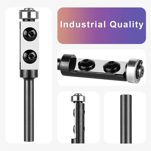 Hardcore Wood Flush Trim Router Bit Featuring Rock Solid Top Bearing 1/4 Inch Shank And Swappable Carbide Insert For Dead Easy Smooth Edge Trimming Every Time close-up of top bearing and shank