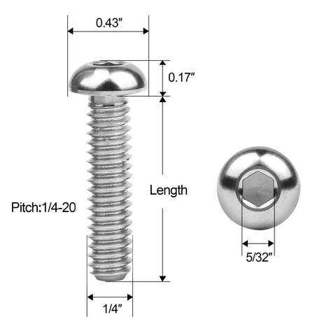 Diagram showing Titanium Button Head Socket Cap Screws 1/4-20 Grade 5 Ti 6Al 4V with dimensions and silver finish, 8 pack