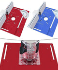 Badass Heavy Duty Aluminum Router Table Insert With Miter Gauge For Precision Woodworking, red and blue plates with miter gauge.