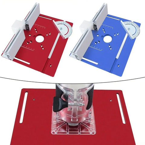 Badass Heavy Duty Aluminum Router Table Insert With Miter Gauge For Precision Woodworking, red and blue plates with miter gauge.