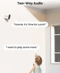 Wireless Outdoor Security Cameras System 5MP Ultra HD, 2 Camera Kit with Two-Way Audio, child playing, communication bubbles