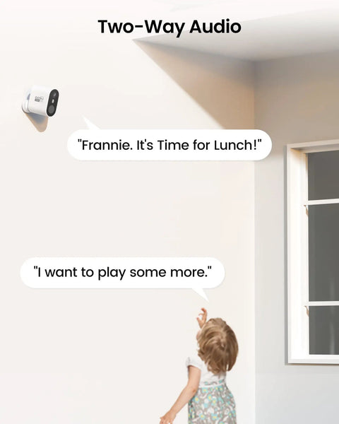 Wireless Outdoor Security Cameras System 5MP Ultra HD, 2 Camera Kit with Two-Way Audio, child playing, communication bubbles