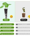 Comparison of healthy plant root in hydroponic pod kit with competitor's unhealthy plant, showing design and germination rates.