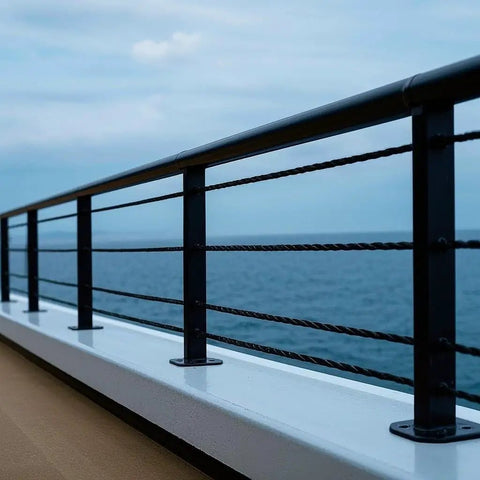 Top Shelf 1/8 Black T316 Stainless Steel Cable Railing 1200 Ft With Cable Cutter Hella Tough Marine Grade 7X7 Wire Rope on deck overlooking the ocean.