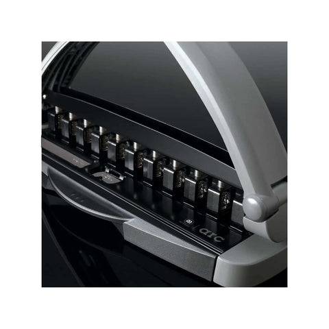 Close-up of Arc Desktop Paper Punch For Disc Bound Systems 8 Sheet Capacity Black And Gray Adjustable Desktop Hole Punch
