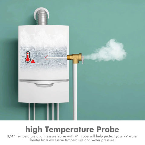 Installed VAV temperature-pressure relief valve with 3/4 in NPT female, brass body, 4 in temp probe, copper line