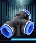 Close-up of Push To Connect Pneumatic Fittings Kit, 3-way tee union, black and blue, for compressed air systems