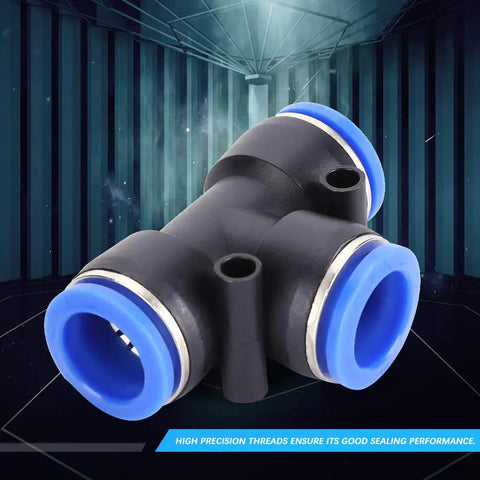 Close-up of Push To Connect Pneumatic Fittings Kit, 3-way tee union, black and blue, for compressed air systems
