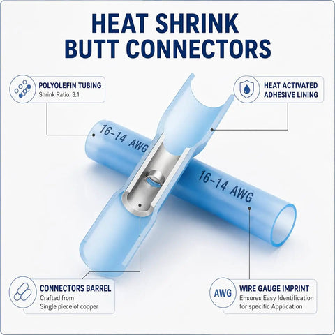 Heat Shrink Butt Connectors showing polyolefin tubing, adhesive lining, and copper barrel for 16-14 AWG wire use, Heavy Duty Heat Shrink Butt Connectors Waterproof Marine Grade Wire Connector Kit No Sweat Dual Wall Sealed Crimp Terminals Road Ready For Autos And Boats 300 Piece Set.