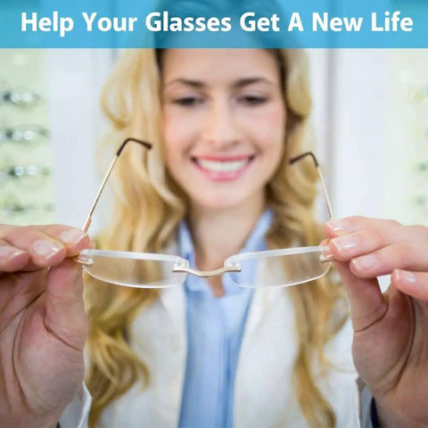 Woman holding glasses, showcasing Rimless Glasses Repair Kit With Rubber Tip Plier Set For Frame Adjustment And Disassembly Tools.