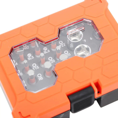 Versatile Socket Wrench Set With Twenty Three Piece Tool Kit Premium S2 Alloy Steel visible in orange case with S2 bits and sockets