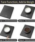 Steps to use Chef Grade 22 Pound 10 Kilogram Digital Kitchen Scale with tare function: turn on, place bowl, tare, add item.