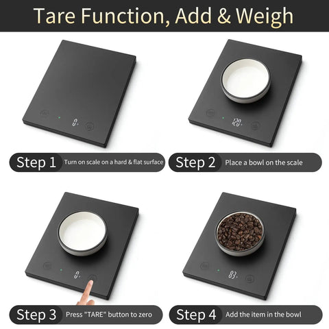 Steps to use Chef Grade 22 Pound 10 Kilogram Digital Kitchen Scale with tare function: turn on, place bowl, tare, add item.