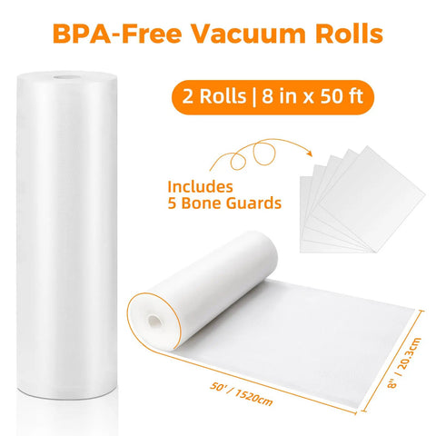BPA-free vacuum sealer bags, two 8x50 ft rolls, includes bone guards, for Heavy Duty Vacuum Sealer Bags 11x50 Rolls Two Pack For Food Saver Storage.