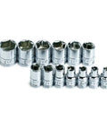 Three Eighths Drive Socket Set, 13 Piece, 6 Point, Standard Metric Chrome Sockets 7mm Through 19mm On Rail, SureGrip Design