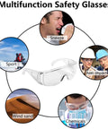 Multifunction safety glasses with images showing sneeze, sport, anti-impact, wind sand, and chemicals, featuring design elements.