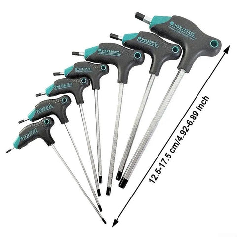 Check Out This Sick T-Type Hex Key Set With 7 Pieces featuring rugged Black Oxide finish for insane leverage on tough bolts, perfect auto repair or DIY furniture tweaks that actually grip tight spots without slipping a single bit. 7-piece T-handle hex key set, 12.5-17.5 cm