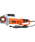Heavy Duty Electric Pipe Threader Kit Featuring Six Interchangeable Dies And Slick Ratchet Action For Fast Job Site Prep and no Sweat Plumbing Fixes On Every Project, showing orange electric pipe threader.