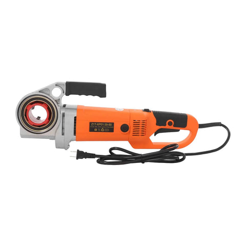 Heavy Duty Electric Pipe Threader Kit Featuring Six Interchangeable Dies And Slick Ratchet Action For Fast Job Site Prep and no Sweat Plumbing Fixes On Every Project, showing orange electric pipe threader.