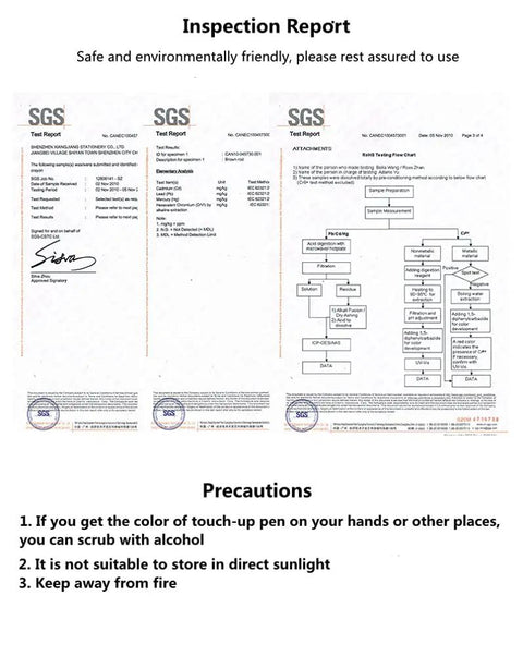 Inspection report detailing safety and environmental friendliness for No Sweat Wood Repair Kit Featuring Sleek Touch Up Markers Plus Quality Wax Sticks.