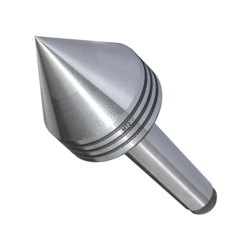 Close-up view of DEEFIINE MT2 heavy-duty live tailstock center for wood lathe; silver steel with grooved collar