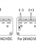 Wiring diagram for Flush Mount Magnetic Door Holder With 33 Lb Holding Force showing connections for 12 24 VAC VDC or 120 VAC.