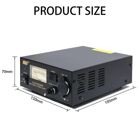 Beefy 13.8V 30A DC Power Supply For Radios With Cigarette Plug Regulated Switching Unit shown with dimensions.